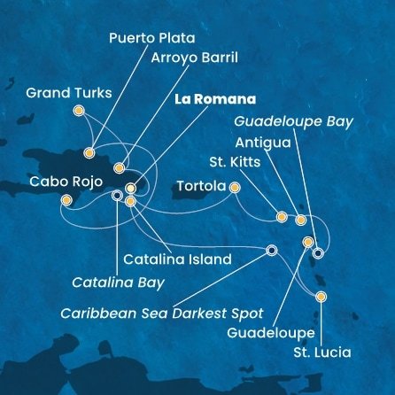 Dominikánská republika, Svatá Lucie, Guadeloupe, Antigua a Barbuda, Svatý Kryštof a Nevis, Britské Panenské ostrovy, Zámořské území Velké Británie z La Romany na lodi Costa Fascinosa