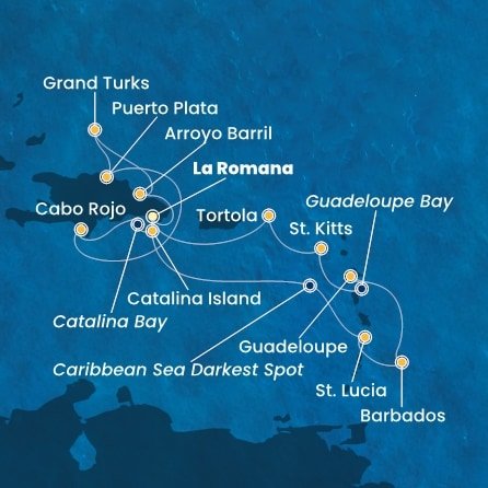 Dominikánská republika, Zámořské území Velké Británie, Svatá Lucie, Barbados, Guadeloupe, Svatý Kryštof a Nevis, Britské Panenské ostrovy z La Romany na lodi Costa Fascinosa