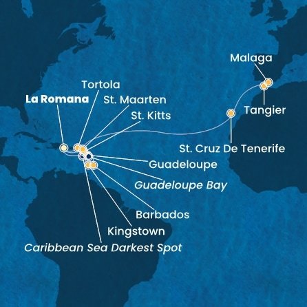 Dominikánská republika, Svatý Vincenc a Grenadiny, Barbados, Guadeloupe, Svatý Kryštof a Nevis, Britské Panenské ostrovy, Svatý Martin, Španělsko, Maroko z La Romany na lodi Costa Fascinosa