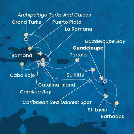 Guadeloupe, Svatý Kryštof a Nevis, Britské Panenské ostrovy, Dominikánská republika, Zámořské území Velké Británie, Svatá Lucie, Barbados z Pointe-à-Pitre na lodi Costa Pacifica