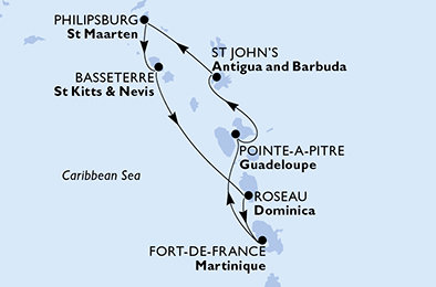 Martinik, Guadeloupe, Antigua a Barbuda, Svatý Martin, Svatý Kryštof a Nevis, Dominika z Fort-de-France na lodi MSC World Asia