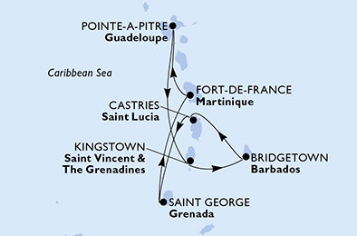 Martinik, Guadeloupe, Svatý Vincenc a Grenadiny, Barbados, Svatá Lucie, Grenada z Fort-de-France na lodi MSC World Asia