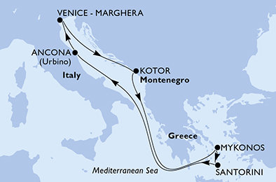 Itálie, Černá Hora, Řecko z Marghery na lodi MSC Lirica