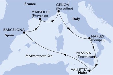 Malta, Španělsko, Francie, Itálie z Valletty na lodi MSC World Europa