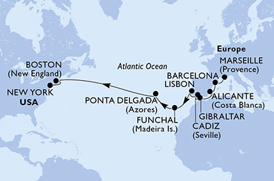 Francie, Španělsko, Velká Británie, Portugalsko, Madeira, USA z Marseille na lodi MSC Meraviglia