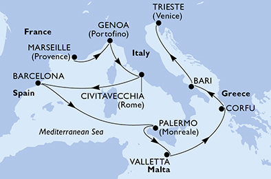 Francie, Itálie, Španělsko, Malta, Řecko z Marseille na lodi MSC Fantasia