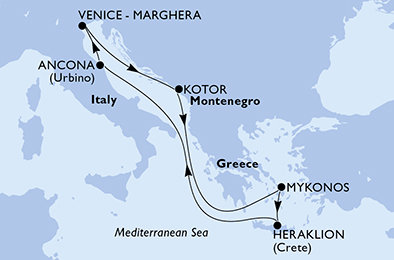 Itálie, Černá Hora, Řecko z Marghery na lodi MSC Lirica