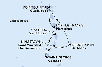 Martinik, Guadeloupe, Barbados, Svatý Vincenc a Grenadiny, Grenada, Svatá Lucie z Fort-de-France na lodi MSC Seaview