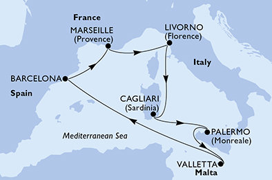 Itálie, Malta, Španělsko, Francie z Palerma na lodi MSC Splendida