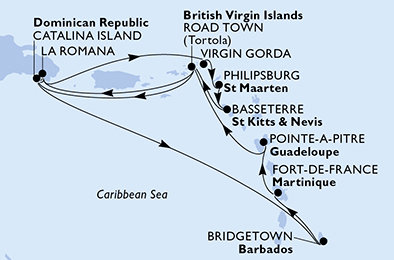 Martinik, Guadeloupe, Britské Panenské ostrovy, Dominikánská republika, Zámořské území Velké Británie, Svatý Martin, Svatý Kryštof a Nevis, Barbados z Fort-de-France na lodi MSC Opera