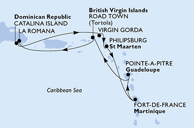 Martinik, Guadeloupe, Britské Panenské ostrovy, Dominikánská republika, Zámořské území Velké Británie, Svatý Martin z Fort-de-France na lodi MSC Opera