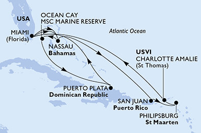 USA, Bahamy, Dominikánská republika, Svatý Martin z Miami na lodi MSC Meraviglia