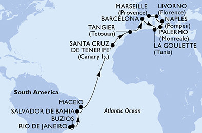 Brazílie, Španělsko, Maroko, Tunisko, Itálie, Francie z Rio de Janeira na lodi MSC Virtuosa