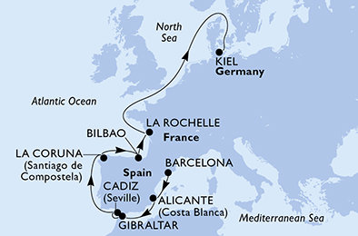 Španělsko, Velká Británie, Francie, Německo z Barcelony na lodi MSC Euribia