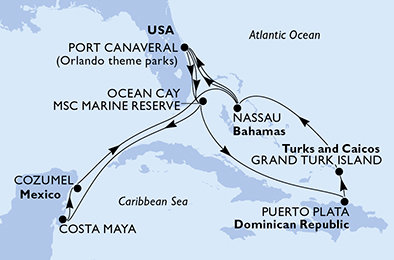 USA, Bahamy, Dominikánská republika, Zámořské území Velké Británie, Mexiko z Port Canaveralu na lodi MSC World Atlantic