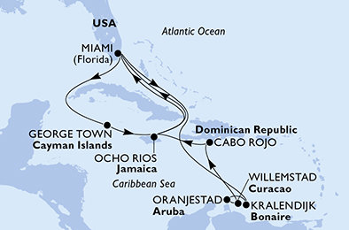 USA, Kajmanské ostrovy, Jamajka, Bonaire, Aruba, Curacao, Dominikánská republika z Miami na lodi MSC Poesia