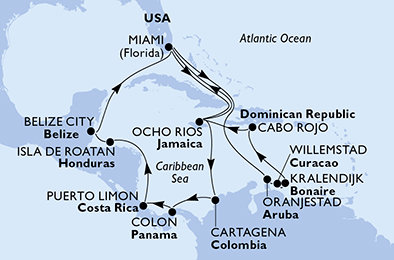 USA, Jamajka, Kolumbie, Panama, Kostarika, Honduras, Belize, Aruba, Curacao, Bonaire, Dominikánská republika z Miami na lodi MSC Poesia