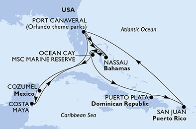 USA, Bahamy, Mexiko, Dominikánská republika z Port Canaveralu na lodi MSC Grandiosa