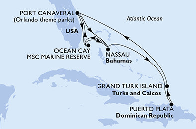 USA, Bahamy, Dominikánská republika, Zámořské území Velké Británie z Port Canaveralu na lodi MSC Grandiosa