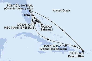 USA, Bahamy, Dominikánská republika z Port Canaveralu na lodi MSC Grandiosa