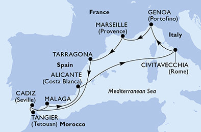 Španělsko, Maroko, Itálie, Francie z Tarragony na lodi MSC Magnifica