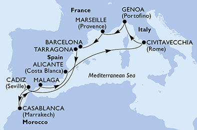 Španělsko, Maroko, Itálie, Francie z Tarragony na lodi MSC Magnifica
