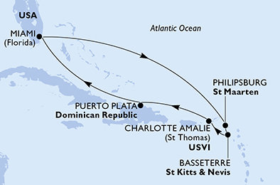 USA, Svatý Martin, Svatý Kryštof a Nevis, Dominikánská republika z Miami na lodi MSC Seashore