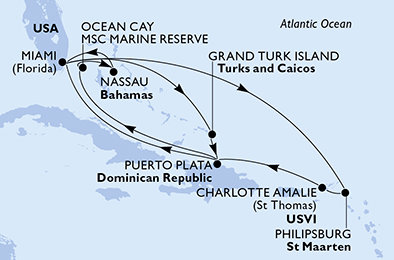 USA, Zámořské území Velké Británie, Dominikánská republika, Bahamy, Svatý Martin z Miami na lodi MSC Seashore