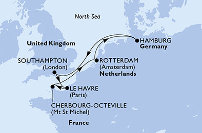 Nizozemsko, Německo, Velká Británie, Francie z Rotterdamu na lodi MSC Preziosa
