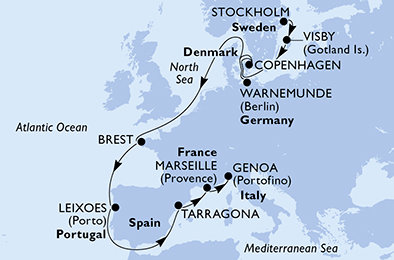 Švédsko, Dánsko, Německo, Francie, Portugalsko, Španělsko, Itálie ze Stockholmu na lodi MSC Magnifica