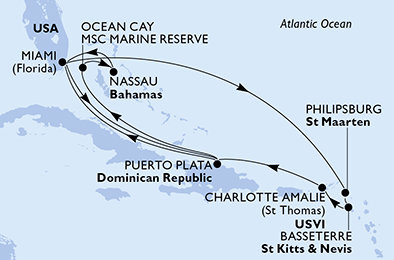 USA, Svatý Martin, Svatý Kryštof a Nevis, Dominikánská republika, Bahamy z Miami na lodi MSC Seashore