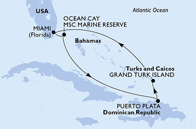 USA, Bahamy, Dominikánská republika, Zámořské území Velké Británie z Miami na lodi MSC Seashore
