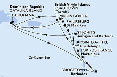 Dominikánská republika, Zámořské území Velké Británie, Svatý Martin, Martinik, Antigua a Barbuda, Barbados, Guadeloupe, Britské Panenské ostrovy z La Romany na lodi MSC Opera