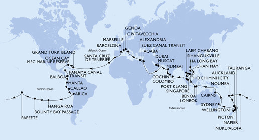 Itálie, Francie, Španělsko, Zámořské území Velké Británie, Bahamy, Panama, , Ekvádor, Peru, Chile, Francouzská Polynésie, Tonga, Nová Kaledonie, Nový Zéland, Austrálie, Indonésie, Vietnam, Thajsko, Kambodža, Singapur, Malajsie, Srí Lanka, Indie, Spojené arabské emiráty, Omán, Jordánsko, Egypt z Janova na lodi MSC Magnifica