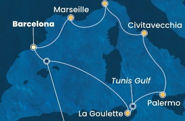 Španělsko, Tunisko, Itálie, Francie z Barcelony na lodi Costa Toscana