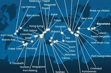 Španělsko, Portugalsko, USA, Bahamy, Panama, Kostarika, Guatemala, Mexiko, Francouzská Polynésie, Fidži, Nová Kaledonie, Austrálie, Papua Nová Guinea, Japonsko, Jižní Korea, Tchaj-wan, Čína, Vietnam, Thajsko, Singapur, Malajsie, Srí Lanka, Maledivy, Mauricius, Jihoafrická republika, Namibie, Kapverdy z Barcelony na lodi Costa Deliziosa