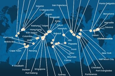 Itálie, Francie, Španělsko, Portugalsko, USA, Bahamy, Panama, Kostarika, Guatemala, Mexiko, Francouzská Polynésie, Fidži, Nová Kaledonie, Austrálie, Papua Nová Guinea, Japonsko, Jižní Korea, Tchaj-wan, Čína, Vietnam, Thajsko, Singapur, Malajsie, Srí Lanka, Maledivy, Mauricius, Jihoafrická republika, Namibie, Kapverdy z Civitavecchia na lodi Costa Deliziosa