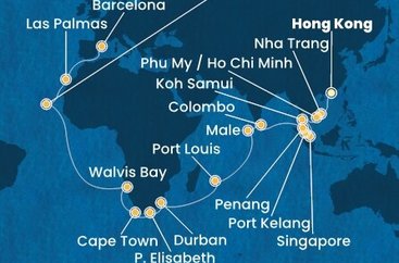 Čína, Vietnam, Thajsko, Singapur, Malajsie, Srí Lanka, Maledivy, Mauricius, Jihoafrická republika, Namibie, Kapverdy, Španělsko z Hong Kongu na lodi Costa Deliziosa
