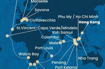 Čína, Vietnam, Thajsko, Singapur, Malajsie, Srí Lanka, Maledivy, Mauricius, Jihoafrická republika, Namibie, Kapverdy, Španělsko, Francie, Itálie z Hong Kongu na lodi Costa Deliziosa