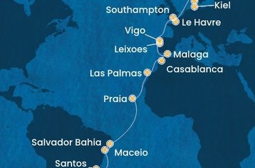 Brazílie, Kapverdy, Španělsko, Maroko, Portugalsko, Francie, Velká Británie, Dánsko, Německo na lodi Costa Diadema