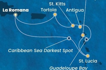 Dominikánská republika, Svatá Lucie, Guadeloupe, Antigua a Barbuda, Svatý Kryštof a Nevis, Britské Panenské ostrovy z La Romany na lodi Costa Fascinosa