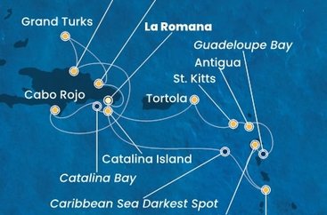 Dominikánská republika, Svatá Lucie, Guadeloupe, Antigua a Barbuda, Svatý Kryštof a Nevis, Britské Panenské ostrovy, Zámořské území Velké Británie z La Romany na lodi Costa Fascinosa