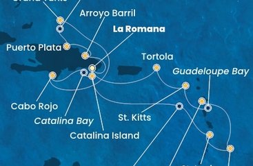 Dominikánská republika, Svatá Lucie, Barbados, Guadeloupe, Svatý Kryštof a Nevis, Britské Panenské ostrovy, Zámořské území Velké Británie z La Romany na lodi Costa Fascinosa