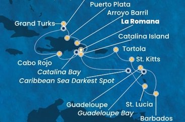 Dominikánská republika, Zámořské území Velké Británie, Svatá Lucie, Barbados, Guadeloupe, Svatý Kryštof a Nevis, Britské Panenské ostrovy z La Romany na lodi Costa Fascinosa