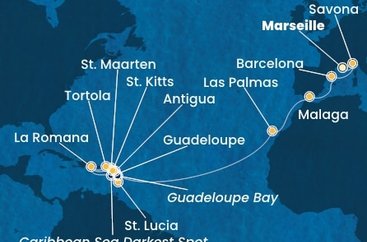 Francie, Itálie, Španělsko, Guadeloupe, Svatý Martin, Dominikánská republika, Svatá Lucie, Antigua a Barbuda, Svatý Kryštof a Nevis, Britské Panenské ostrovy z Marseille na lodi Costa Fascinosa