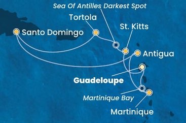 Guadeloupe, Svatý Kryštof a Nevis, Britské Panenské ostrovy, Dominikánská republika, Antigua a Barbuda, Martinik z Pointe-à-Pitre na lodi Costa Favolosa