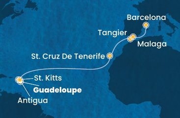 Guadeloupe, Svatý Kryštof a Nevis, Antigua a Barbuda, Španělsko, Maroko z Pointe-à-Pitre na lodi Costa Favolosa