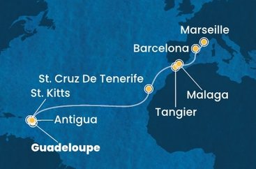 Guadeloupe, Svatý Kryštof a Nevis, Antigua a Barbuda, Španělsko, Maroko, Francie z Pointe-à-Pitre na lodi Costa Favolosa