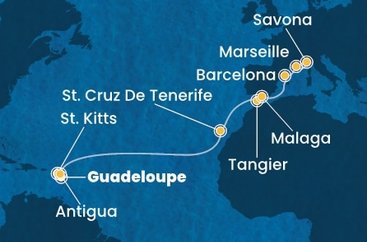 Guadeloupe, Svatý Kryštof a Nevis, Antigua a Barbuda, Španělsko, Maroko, Francie, Itálie z Pointe-à-Pitre na lodi Costa Favolosa