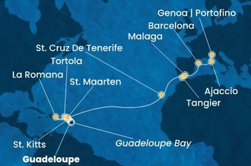 Guadeloupe, Svatý Kryštof a Nevis, Britské Panenské ostrovy, Dominikánská republika, Svatý Martin, Španělsko, Maroko, Francie, Itálie z Pointe-à-Pitre na lodi Costa Fascinosa